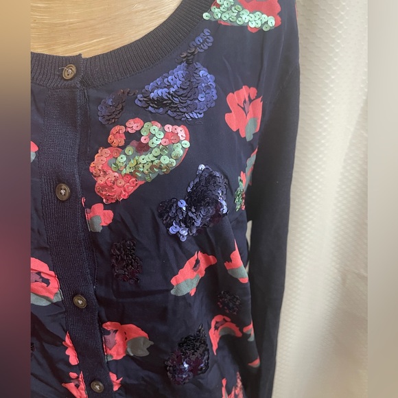 Donna Karan/DKNY silk & knit floral w/sequins blue button down cardigan Size L - Picture 4 of 8